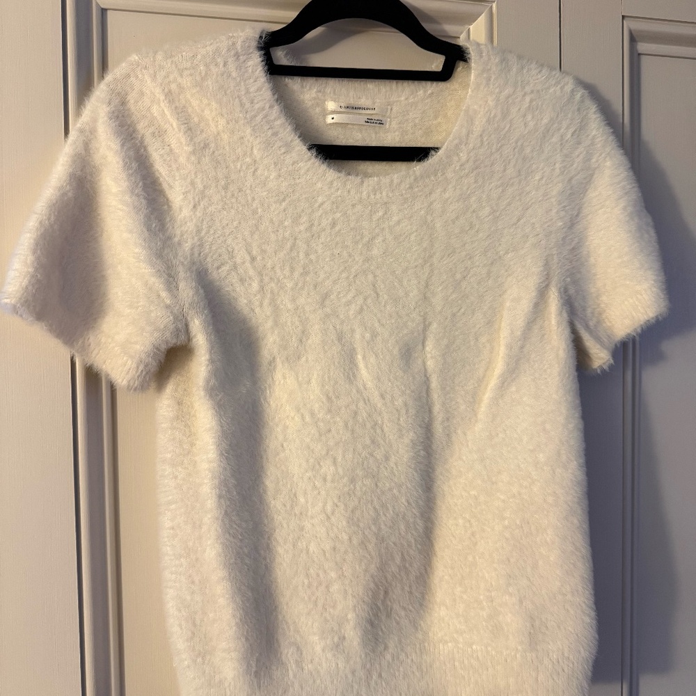 Anthropologie White Short Sleeve Crew Neck Fuzzy Sweater